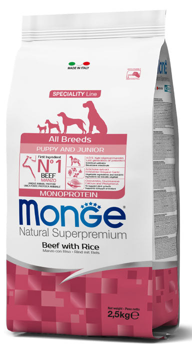 monge dog puppy e junior monoprotein manzo e riso