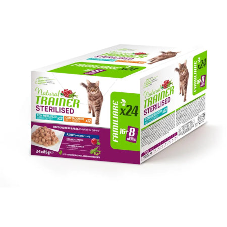 Natural Trainer Adult Sterilised 24 x 85 g Alimento umido per gatti

Mix: Tacchino e Merluzzo